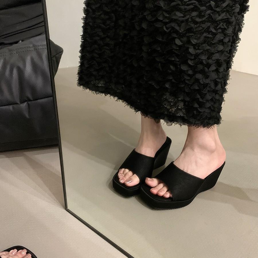 Pink high heels one-word cool slippers fairy shoes wear new wedge heel temperament sandals