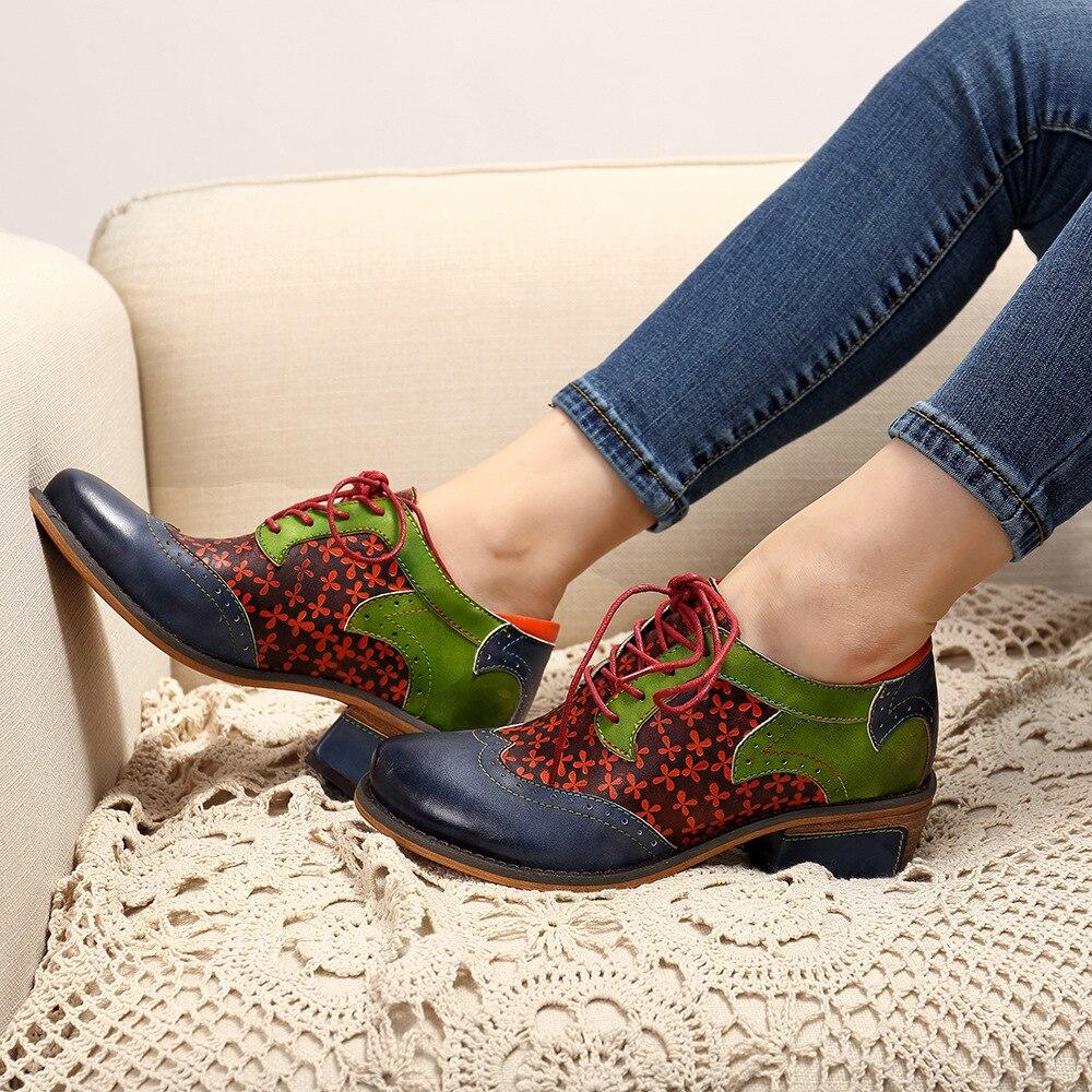 Johnature Pumps Women Shoes Spring Genuine Leather Round Toe Lace-up Mixed Colors Ethnic Casual Sewing Ladies Shoes