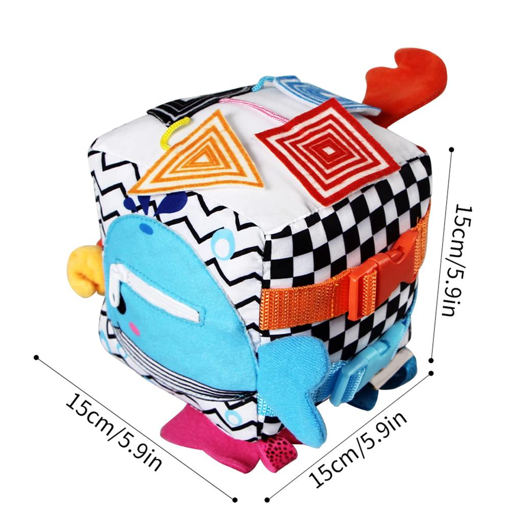 Výuková hračka pro děti Cubic Activity se zipy, západkami, přezkami, tkaničkami, patentkami, knoflíky a dalšími – ideální pro batolata doma, v letadle, v autech nebo na cestách