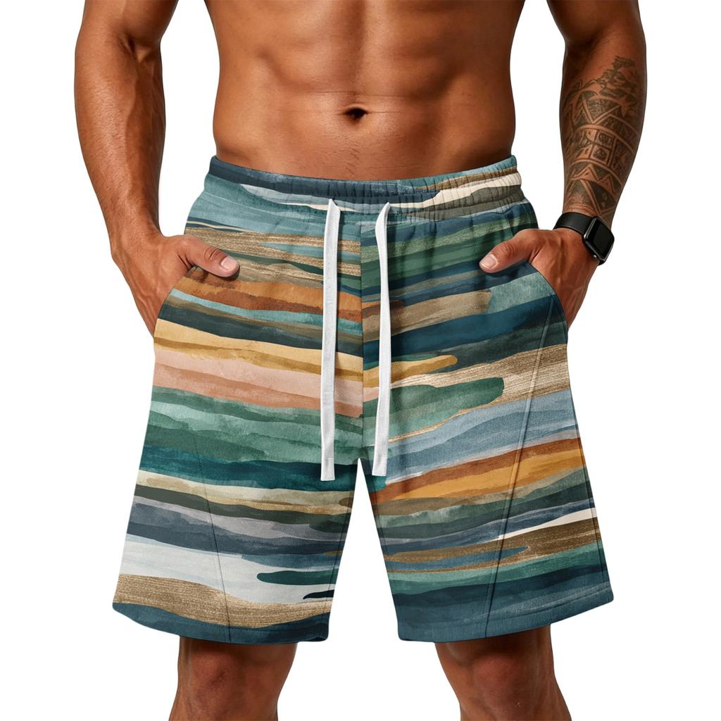 Men's Gradient Print Loose Fit Athletic Shorts with Pockets Elastic Waistband Drawstring for Gym Training Beachwear