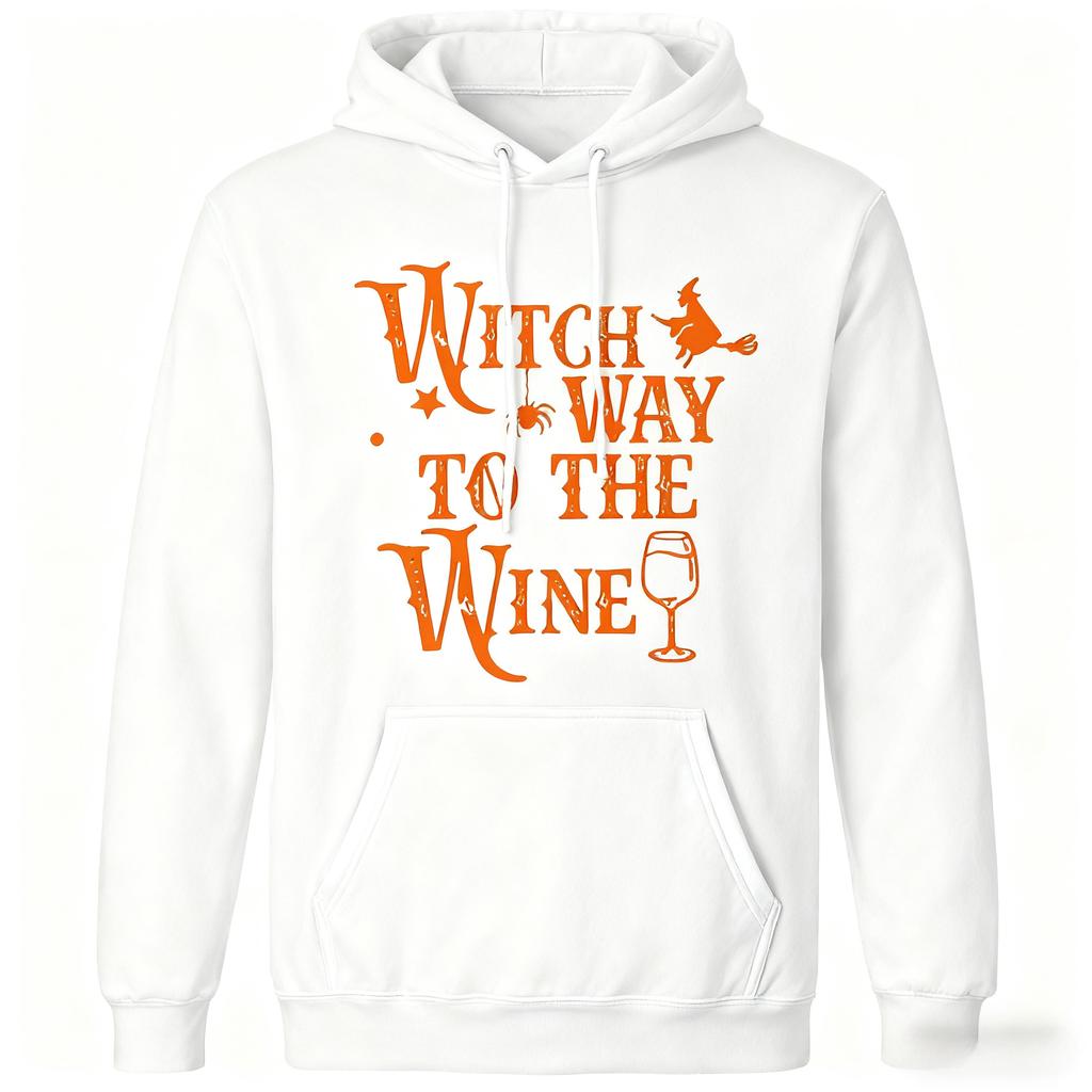 2025 Humorous Halloween Wordplay Print Sweatshirt, Witch Way To the Wine Hoodie, Spooky Fun Top for Adults Winter
