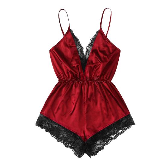 Women Sexy Pajamas V-neck Sling Sleeveless Bodysuit Faux Satin Lace Stitching Romper Sleepwear Wide Leg Backless Nightwear