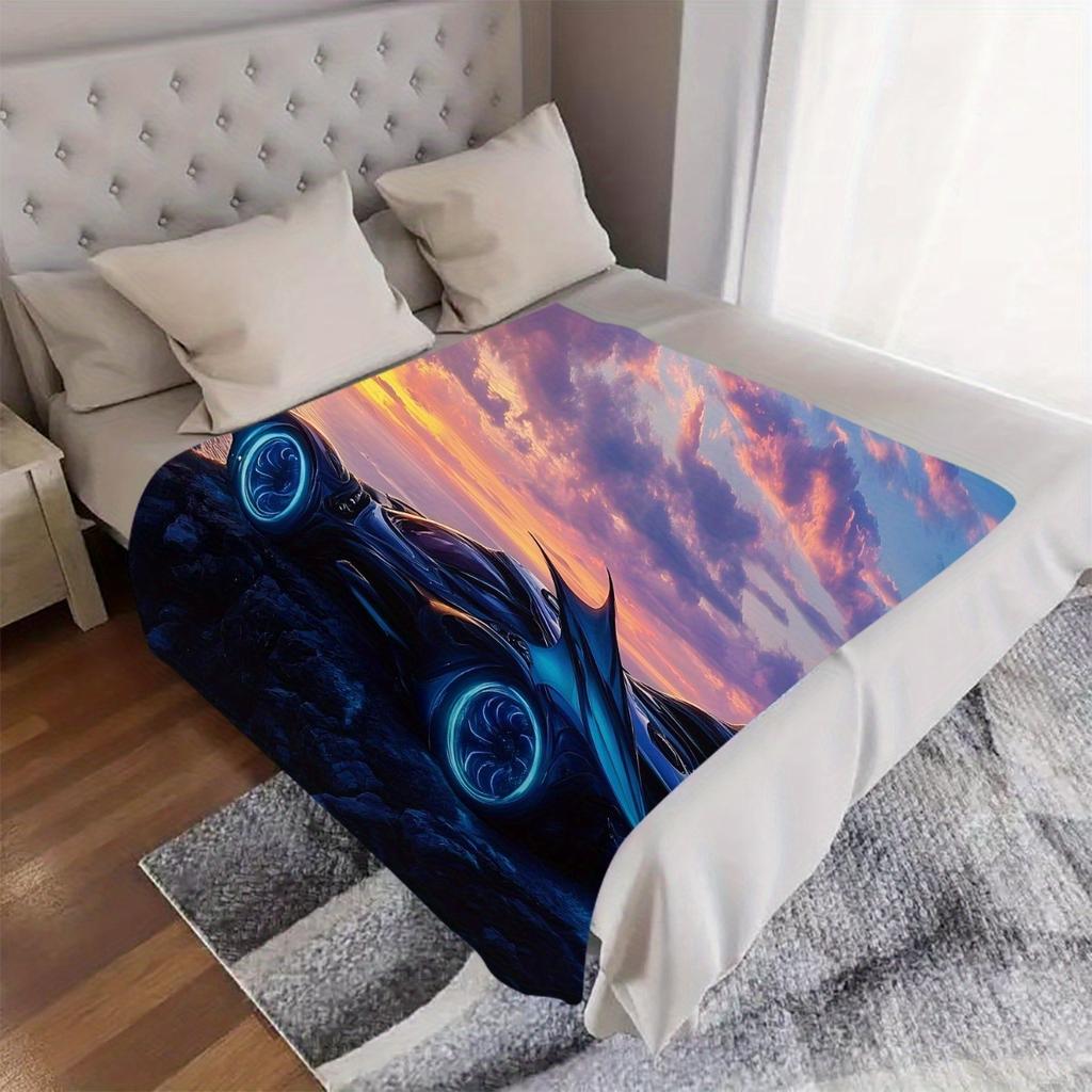 1pc Batmobile Sunset Digital Printed Design Blanket - All-Season Soft Flannel Throw with Vibrant Futuristic Car & Starry Sky