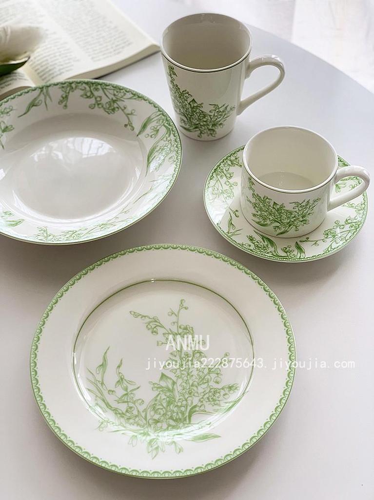 Anmu Hochwertiges pastorales grünes Maiglöckchen Keramikbecher & Speiseteller Set