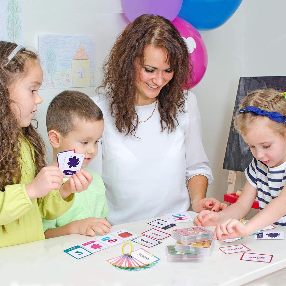 Set de 4 fișe de învățare timpurie pentru copii, numere, alfabete, culori și forme, 100 de fișe cu 200