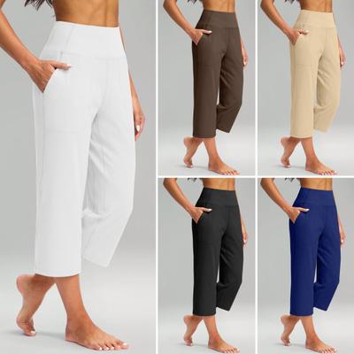 Pantalon de Yoga pour Femmes Élastique Taille Haute Jambe Ample Pantalon Court avec Poches Style Sportif Décontracté