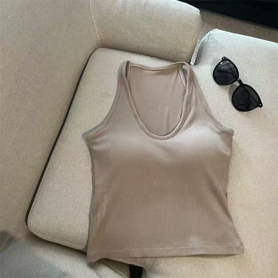 Dame V-hals Halter Polstrede Tanktoppe Ribbet Dobbeltforede Ærmeløse Basis Skjorter med Indbygget BH Sommer Sexede Gå-ud Toppe