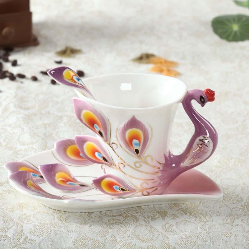 Fashion Enamel Porcelain Creative Peacock Coffee Cup