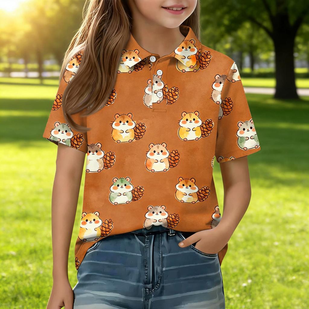 Kids Casual Short Sleeve Polo Shirt Animal Pattern Cartoon Print Lightweight Comfortable Soft Fabric Breathable Summer Top for Boys Girls
