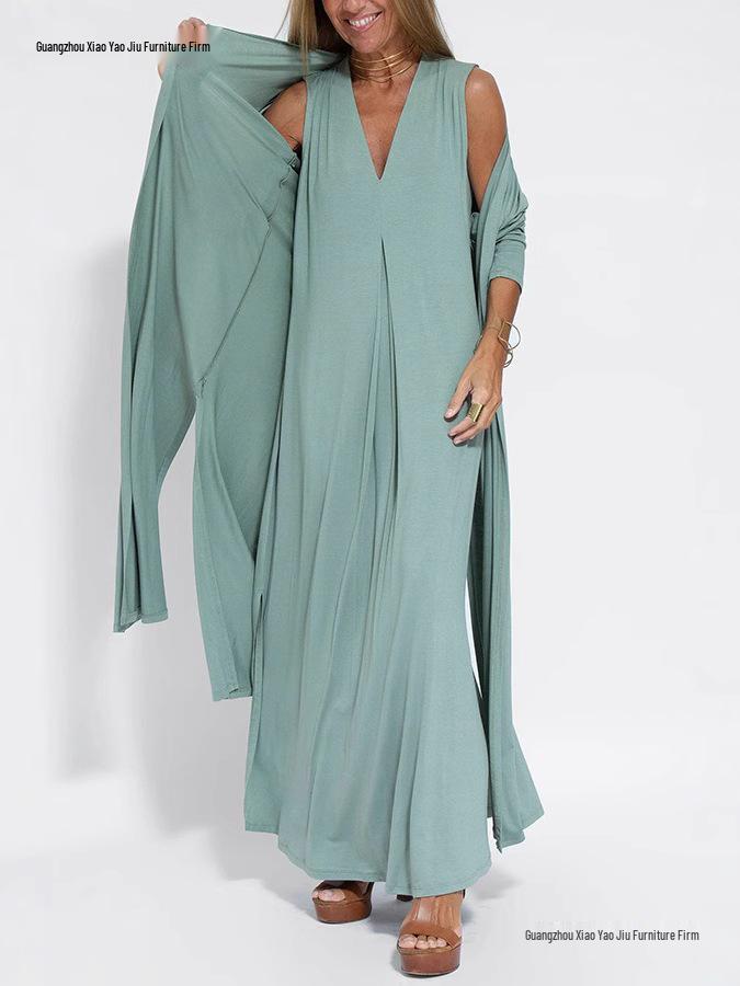 Europäisches und Amerikanisches Einfarbiges V-Ausschnitt Pulloverkleid und Strickjacken-Set für Damen