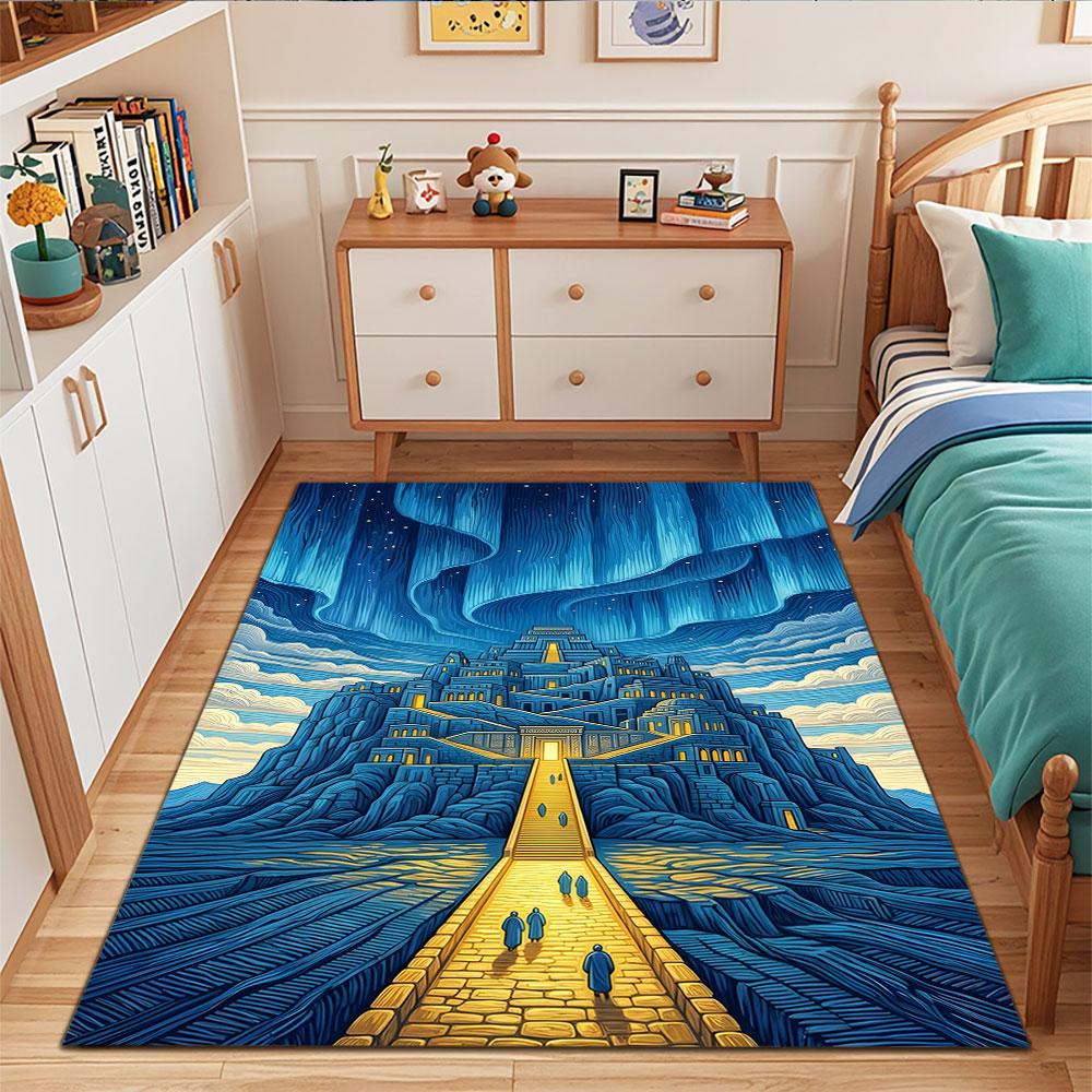 "Majestic Blue Temple at Night" Patterned carpet, suitable as a non slip play mat for the living room and bedroom sofa