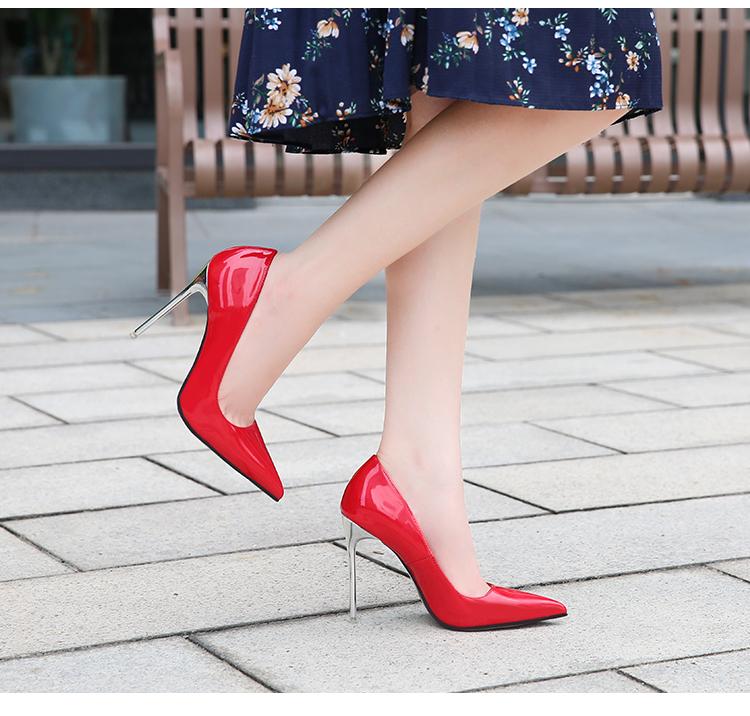 Fashion Super high heels for women, slim heels, pointed toe, shallow mouth single shoes new patent leather plus size reverse shoes, 12CM
