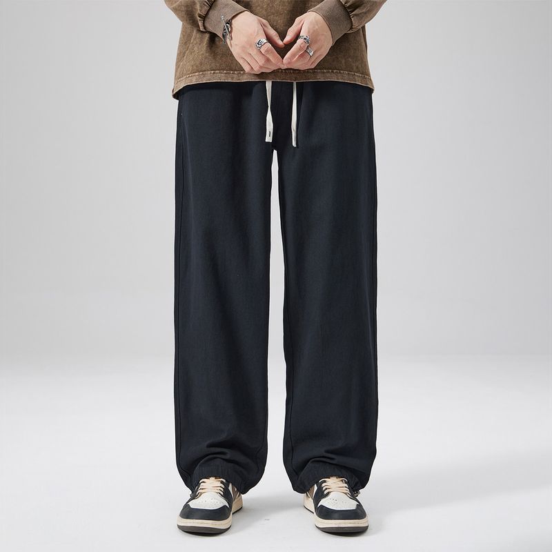 51 Hip-Hop Vintage Style Fleece-Lined Pants for Men, Winter Thickened Trendy Brand Sports Style Solid Color Casual Straight-Leg Jogger Pants