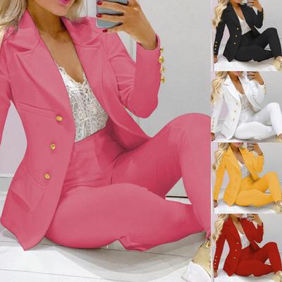 2 Pièces/Ensemble Tailleur Femme Col Rabattu Couleur Unie Taille Haute Simple Boutonnage
