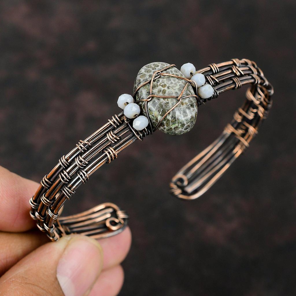 Wire Wrapped Stingray Coral Cuff Bracelet Blue Lace Agate Beads Bangle Copper Wire Wrapped Handmade Jewelry Adjustable Bangle Gift For Her