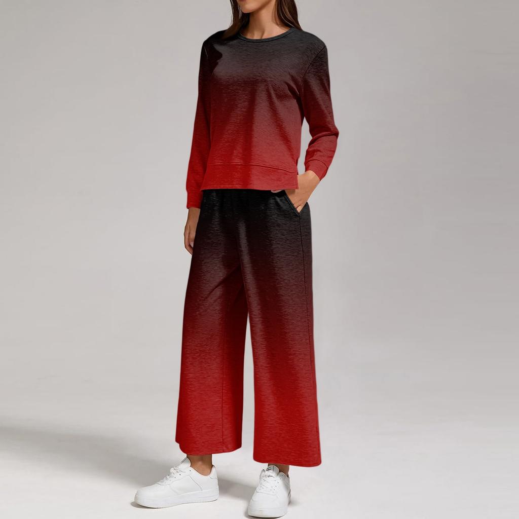 Women's Fashion Round Neck Loose Fit Printed Sweatshirt and Jogger Pants Set with Side Split Hem