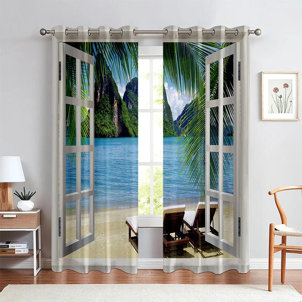 3D-Druck, realistische Wirkung, Wald, Meer, Landschaft, Fenstervorhänge, Schlafzimmer, Wohnzimmer, Küche, Vorhang, Dekor, 2 Stück, individuelle Vorhänge