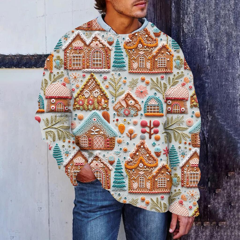 Men's Christmas Print Faux Sweater, Crewneck Sweatshirt, Loose Long-sleeved Top