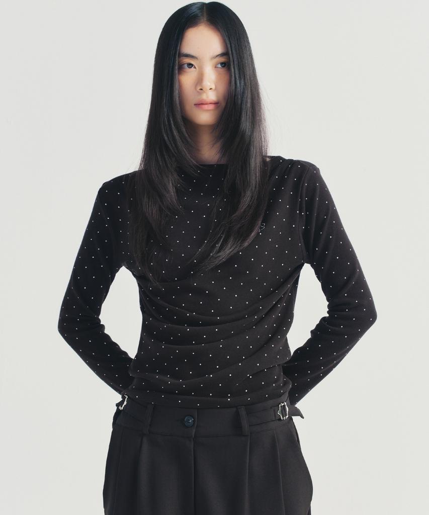 Nigaennikol Dot Shirring Drape Boat Neck Top_Black