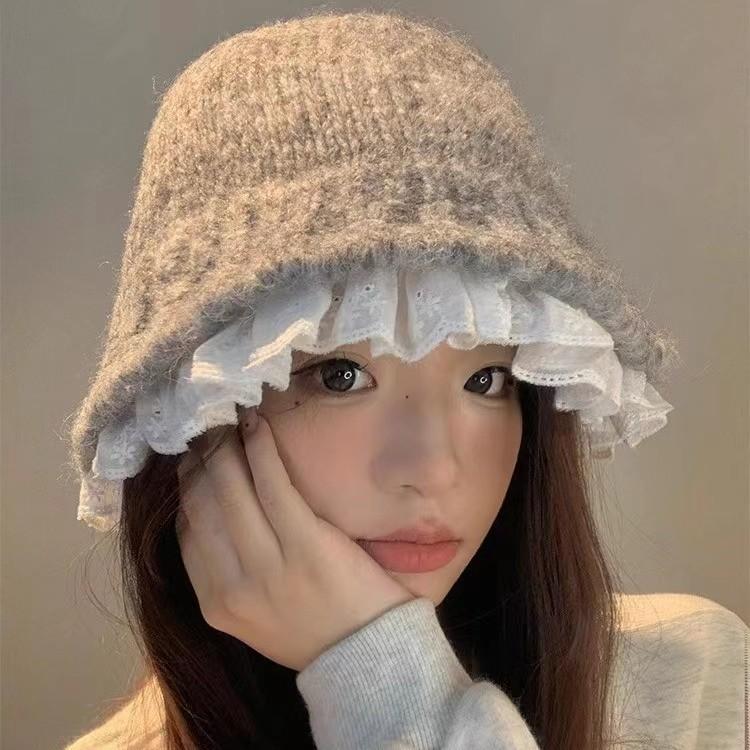 Lace Lace Knitted Hat Female Warm Sweet Versatile Face Small Wool Bucket Hat