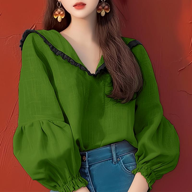 VONDA Women Casual Lace Lapel Long Sleeve Blouses