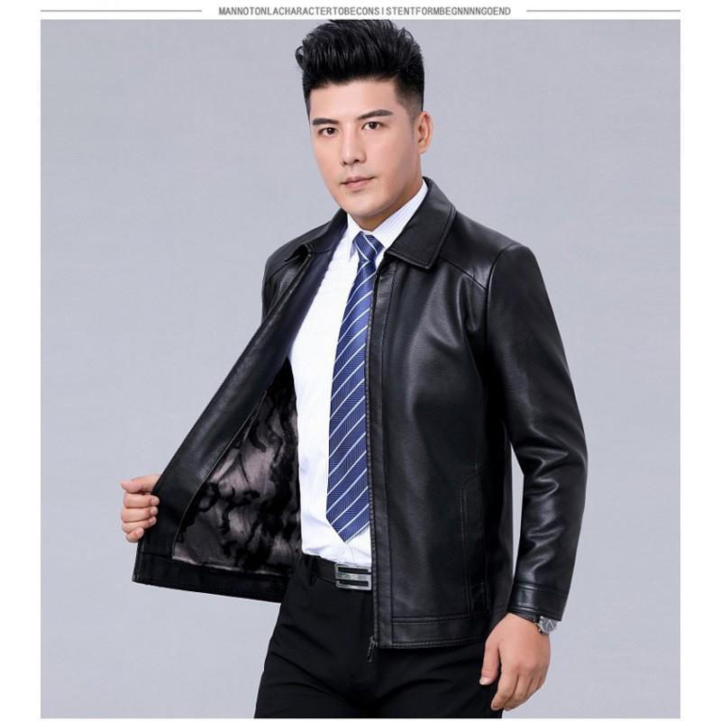 Mens Faux Leather Jacket Stand Collar Zip-Up Warm Thick Winter Business Casual Outerwear
