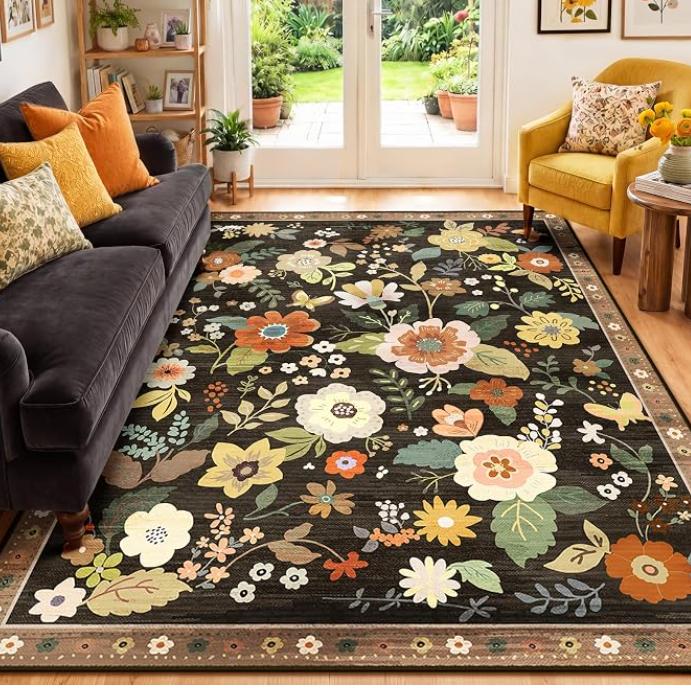 Alfombra Boho Floral Naranja Flor Vintage Antideslizante Lavable Alfombrilla para Suelo de Interior para Sala de Estar Dormitorio Decoración del Hogar Felpudo