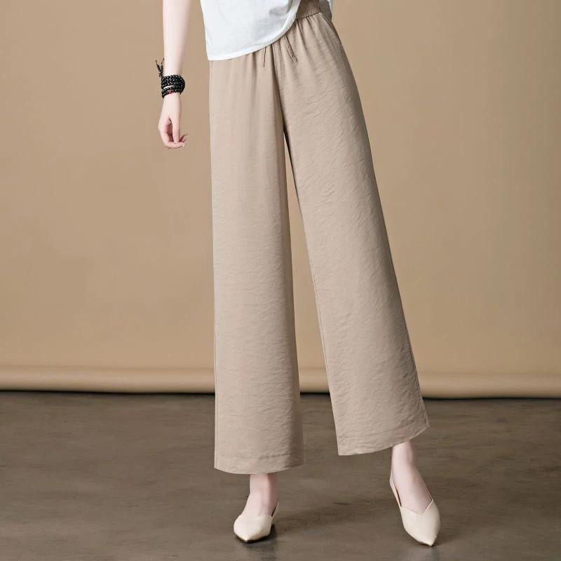 Womens Solid Color Elastic Waist Cropped Wide Leg Pants S хаки