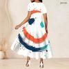 Women Plus Size Round Neck Short Sleeve Tie Dye Printed Blue White A Line Long Dress
