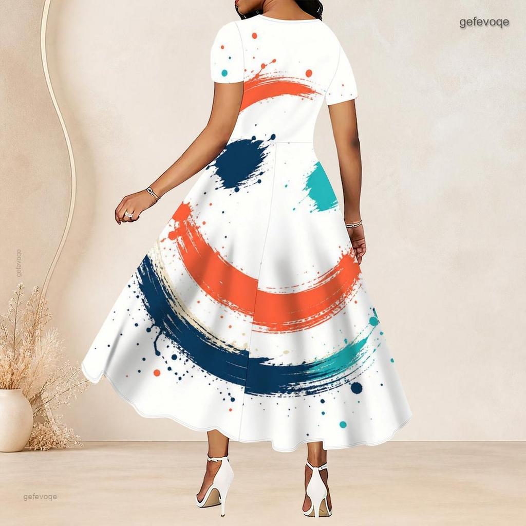 Women Plus Size Round Neck Short Sleeve Tie Dye Printed Blue White A Line Long Dress