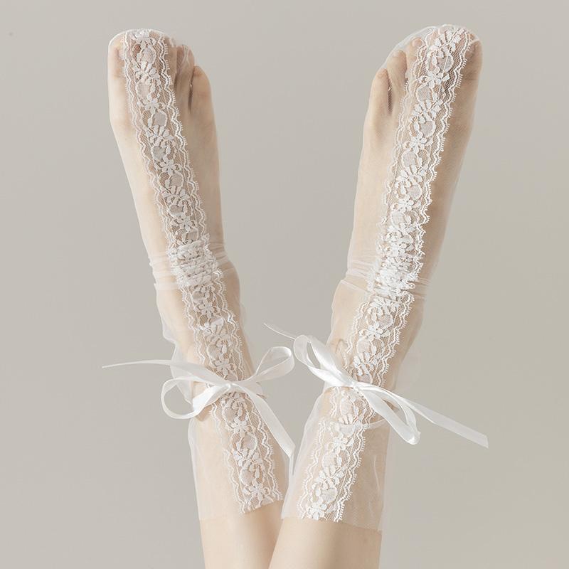 Sexy Black Lace Thin Mesh Sheer Socks Summer Loose Transparent Tulle Socks for Women Free Size белый