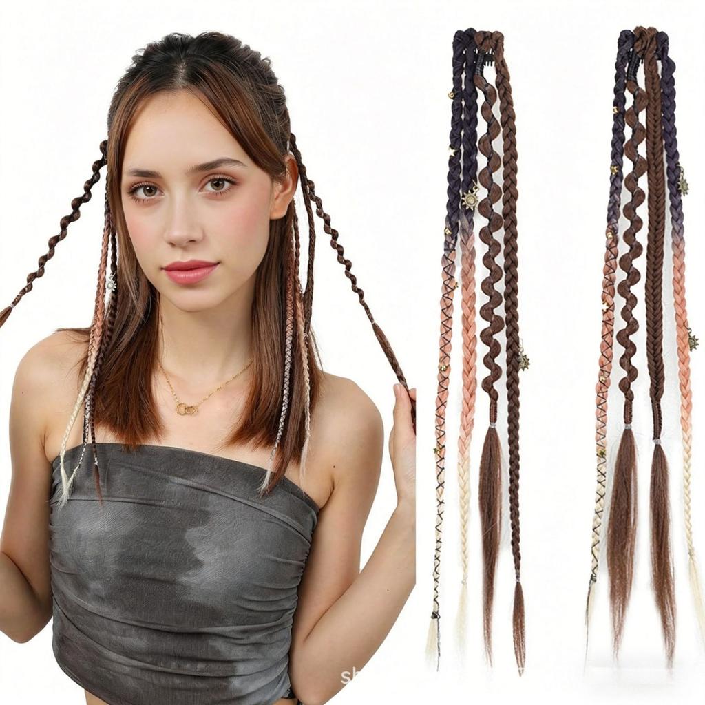 16 Inch Bohemian Long Braided Hair Clip In Extensions Synthetic Handmade Braided Hairpieces for Styling and Hair Decoration
