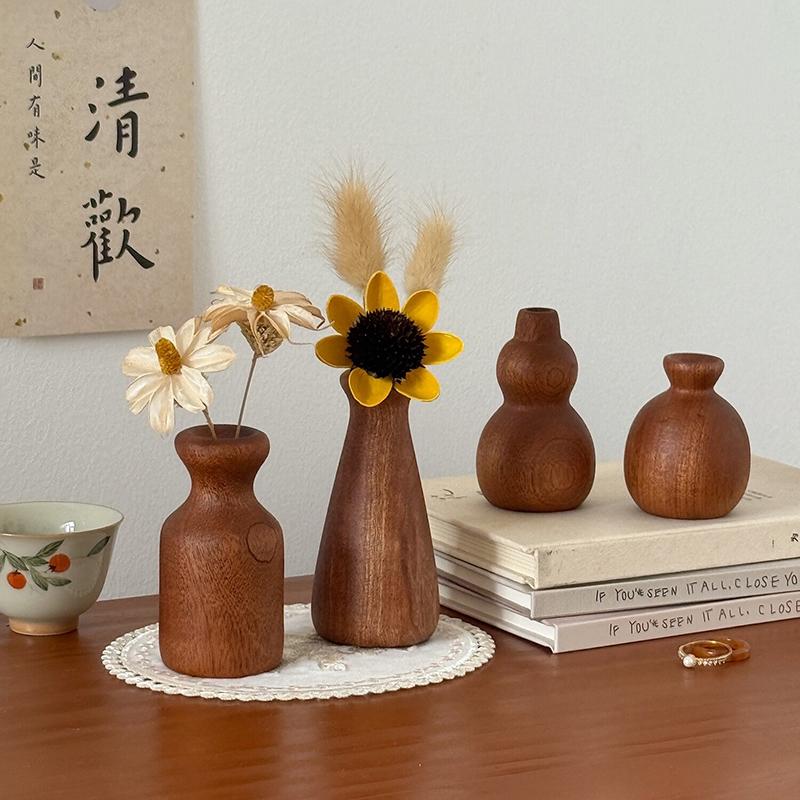 Retro Wooden Flower Vase Desktop Aesthetic Flower Bottle Decorative Plant Pot Arrangement Vase Home Decor Ornaments
