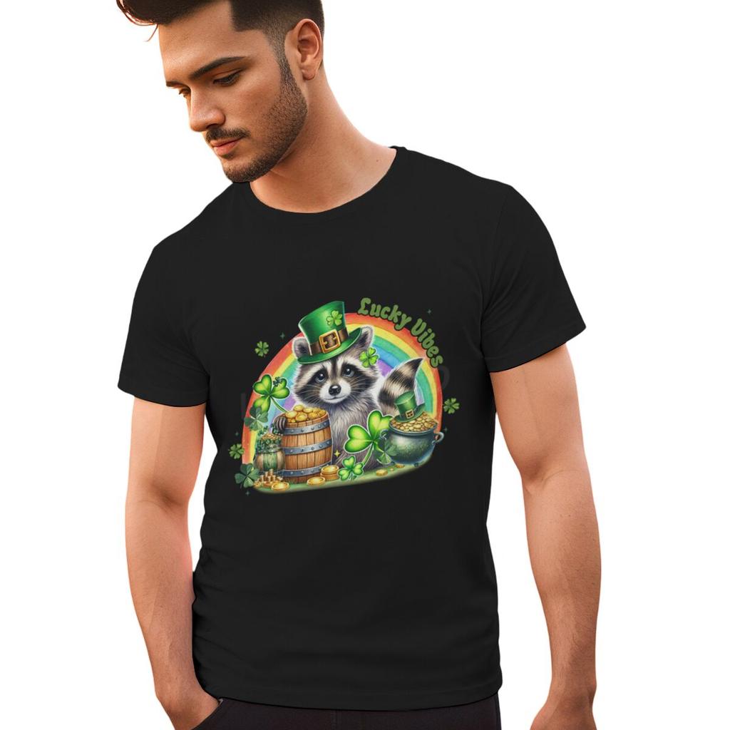 St Patricks Day Raccoon Shirt Lucky Vibes Short Sleeve Round Neck Tee Cartoon Lucky Raccoon St Patricks Day Unisex TShirt
