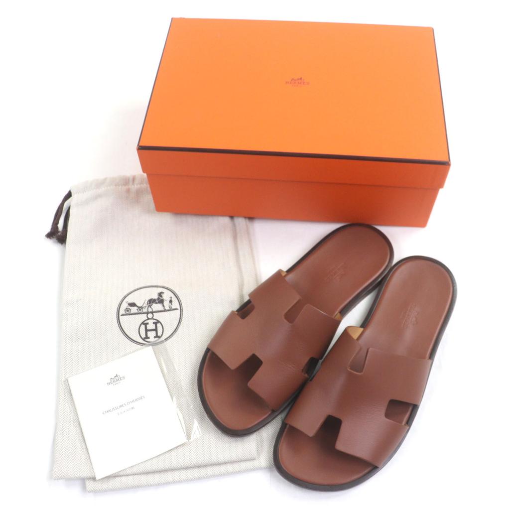 Great HERMES Sandals Izmir H Logo Slide Brown Leather Mens 41 Used