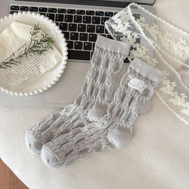 Lace Fabric Label Pleated Bubble Mid-calf Socks, Women's Three-dimensional Trendy Socks, College Style Pile Socks