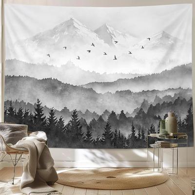 Bergwald-Wandteppich, Nebelige Nebel-Aquarell-Landschaftskunst Wandteppiche, Naturlandschafts-Wandteppich für Schlafzimmer Wohnzimmer