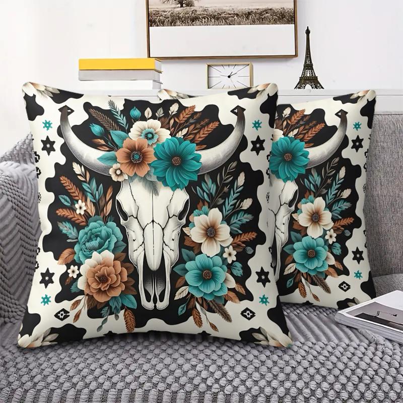 Vintage Western Cow Skull Throw Pillow Boho Sunflower Turquoise Print Decorative Cushion For Sofa Bedroom Living Room Cushion