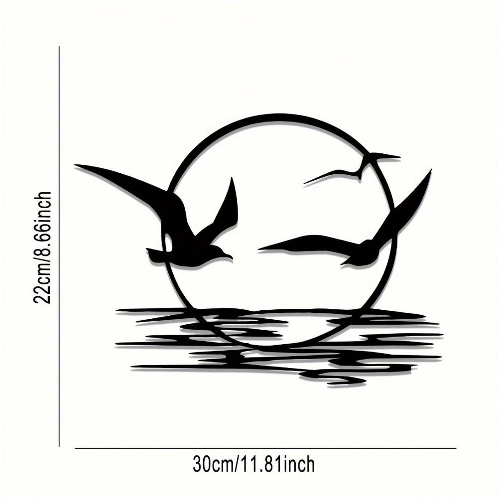 2D Flat Iron Sunrise And Seagulls Metal Wall Art. It Features A Circular Silhouette Design, Suiting Living Rooms, Bedrooms, Dining Areas, And Offices.