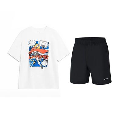 Li Ning Kreskówka Duże Logo Okrągły Dekolt Krótki Rękaw Zestaw Sportowo-Rekreacyjny Unisex Zestawy Biały Czarny YHSU221-2+YKST119-1