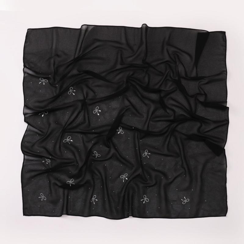 Simple Solid Color Star Bow Rhinestone Chiffon Square Scarf For Women