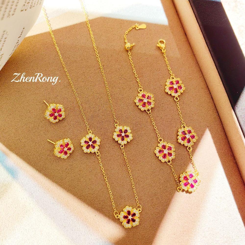 

Women Jewelry Set Chinese Style Red Peony Bracelet Red Corundum Earrings Floral Pendant Necklace