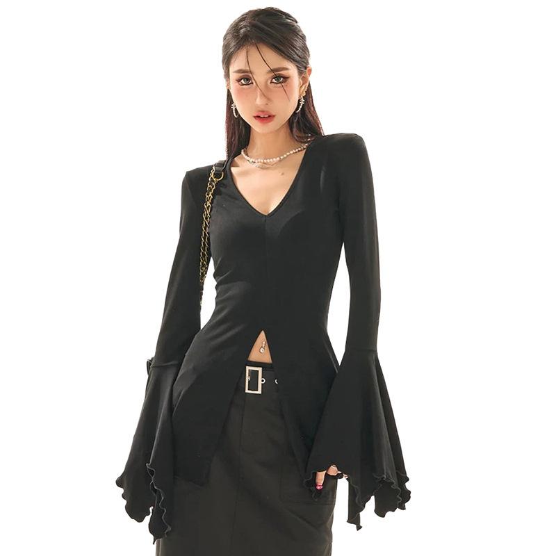 Goth Dark Fairy Grunge Flare Manecă cu decolteu în V Tricouri Gotic Split Sexy Salată verde Bluze Femeie Y2k Negru Slim Fashion Alt Tops