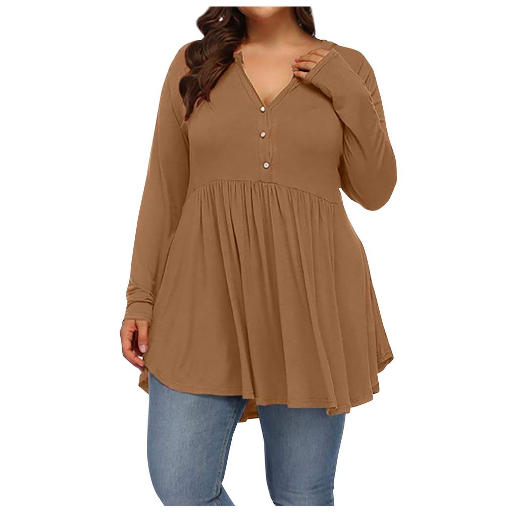 Women's Large Size Casual Solid Color V-neck Buttoned Waist And Large Hem Stitching Long-sleeved Loose T-shirt Top