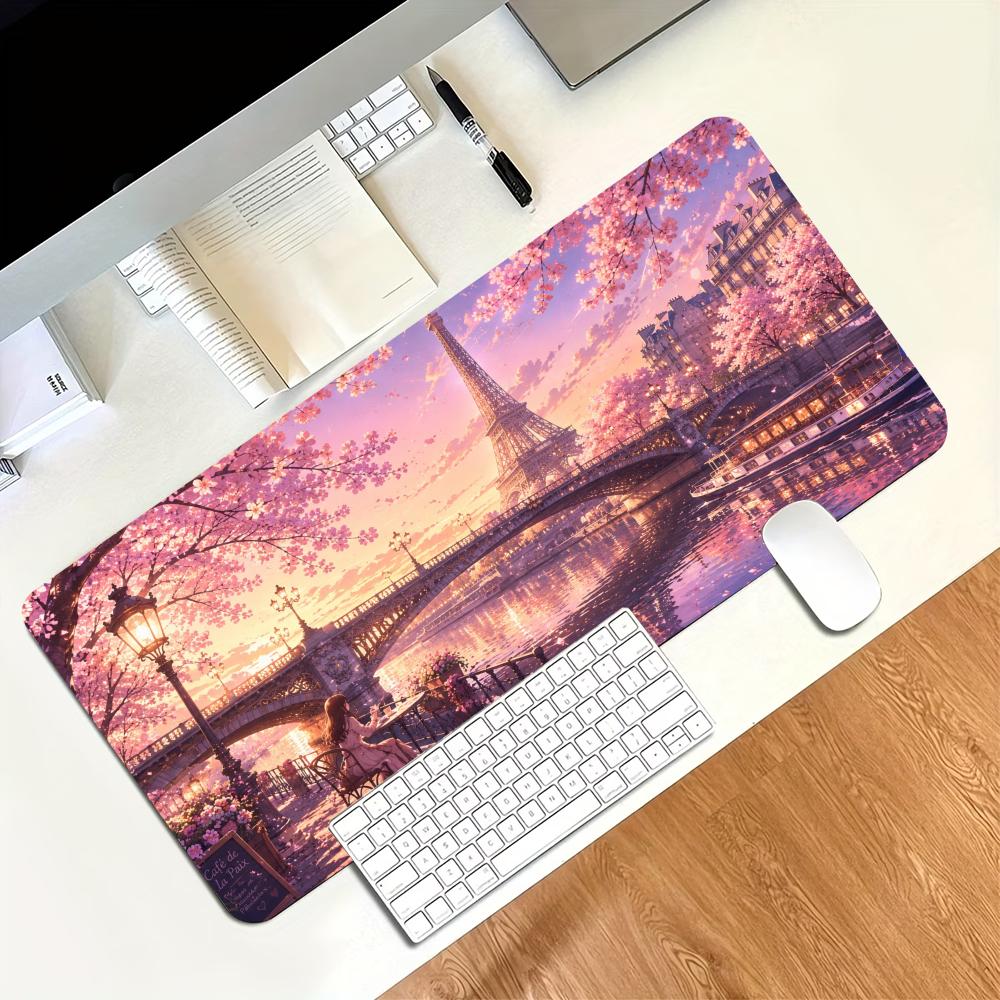Large Gaming Mousepad Eiffel Tower Cherry Blossom Hd Print NonSlip Rubber Lock Edge Desk Mat For Pc Laptop Office Desktop Decor