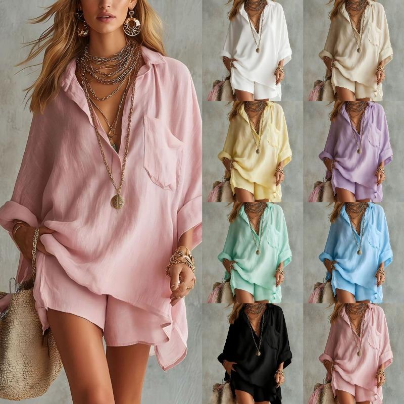 New Summer Women's Fashion Cotton-Linen Pocketed Beach Shorts and Shirt Set