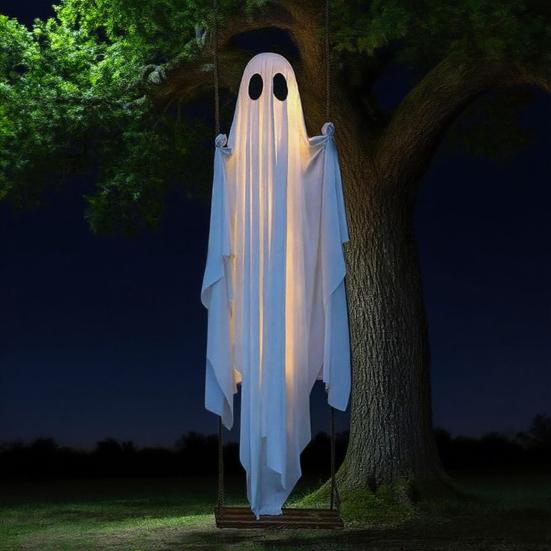 5 FT Hanging Swing Ghost Halloween Decoration LED Lighted Outdoor Large White Ghost Swinging Halloween Decor for Yard Tree Front Porch
