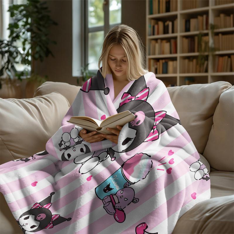 Kuromi Pink & White Stripe Flannel Blanket Soft Warm Throw Japanese Anime Camping Office Bedroom School Nap Blanket Summer Quilt