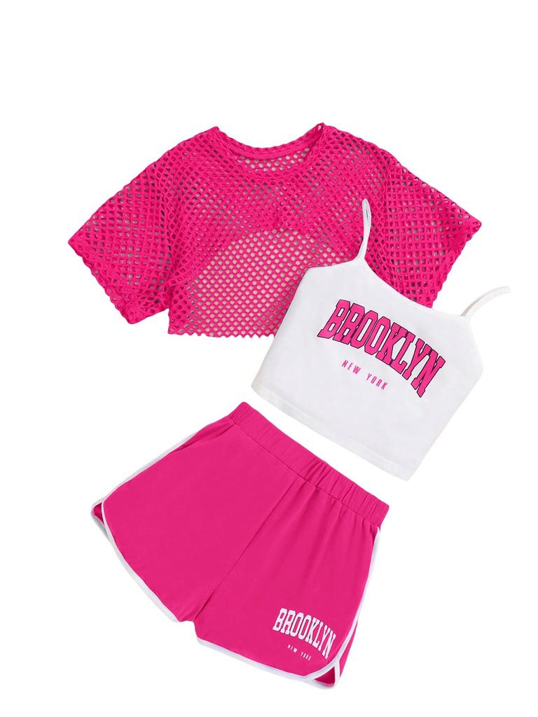 Modisches Dreiteiliges Set für Mädchen Netz-Kurzarmtop mit Buchstabenaufdruck, Camisole und Shorts Sommer-Outfit für Kinder Bequeme Passform