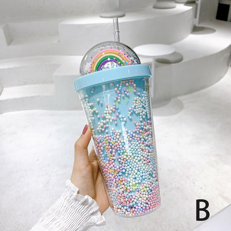 Double Layers Rainbow Plastic Water Bottle With Straw Creative 550Ml Mug
